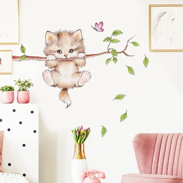 Väggdekaler Barn Katt Söt (70x50 cm) I Djurdekaler Skog Trädgren Blommor I Väggmålning För Baby Pojke Pojke Pojke
