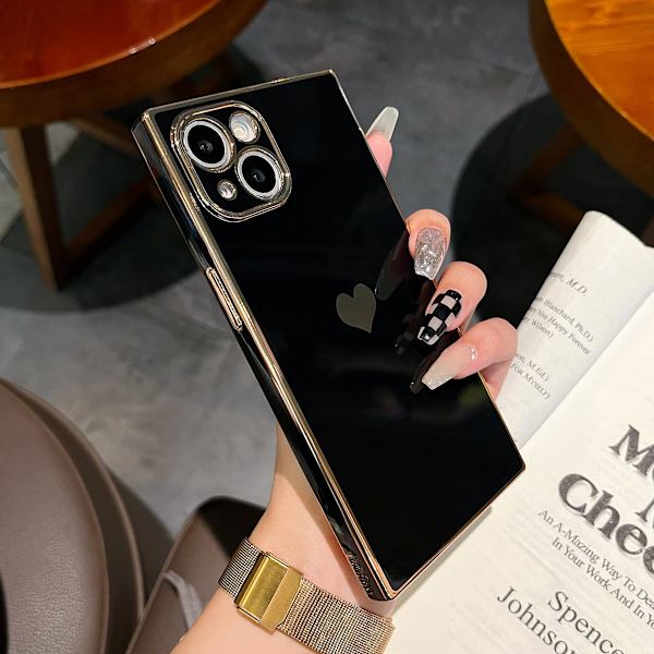 Firkantet hjertemønster forsterkede hjørner belagt kant telefondeksel for iPhone 14 Pro Max 6,7 tommer full kamerabeskyttelse støtsikker støtfanger - Svart