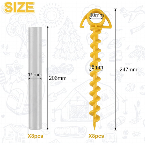 Gul, 8 x Camping Tält Nagel Fixers 25cm Plast Tält Nagel Skruv Fixer med 8 Klar Plast Rör,
