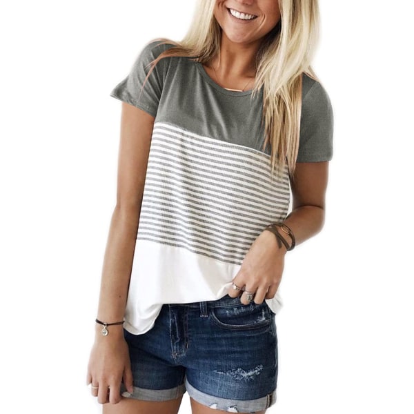 Rund Hals Triple Color Block Stripe T-skjorte（L,Svart）