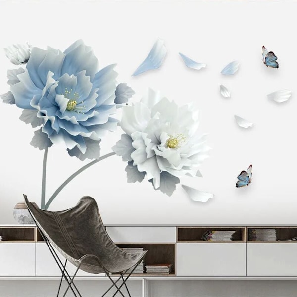 Blå blommor Väggdekaler 3D blommor Väggdekaler för sovrumsdekoration
