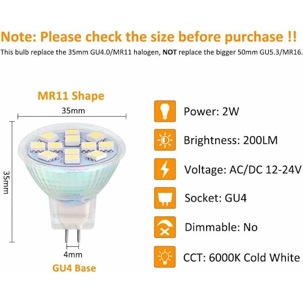 MR11 GU4 LED 2W kallvit 6000K, 120° 200lm, halogen MR11 10W 20W motsvarande, AC DC 24V 12V inbyggd LED GU4 35mm för husbil köksmöbler,