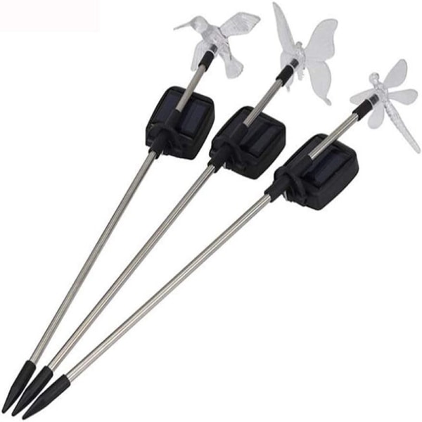 78cm sett med 3 flerfargede LED-solcellelamper for hage i sommerfugl-, kolibri- og øyenstikkerform for festdekorasjon, plen, hage, stibelysning