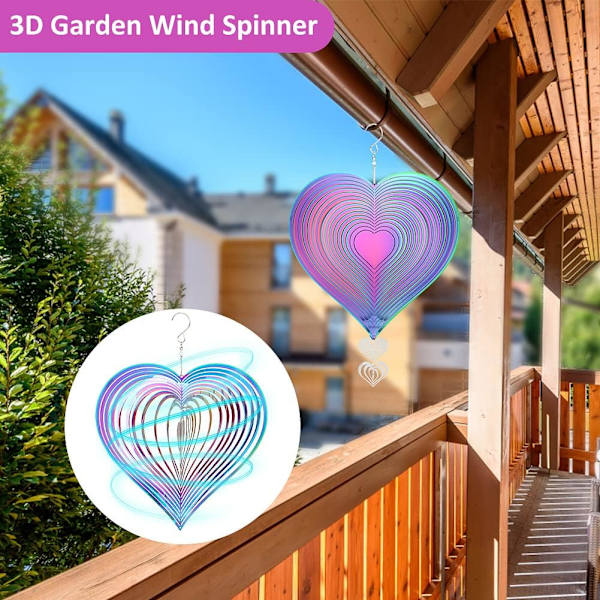 3D Hjärtformad vindklocka i rostfritt stål, kinetisk vindskulptur, flerfärgad spiralvindspel, roterande vindfångare för inomhus- och utomhusbruk, fönster, gård, konst G