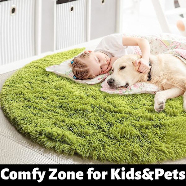 Nurmikonvihreä pyöreä matto makuuhuoneeseen, pörröinen pyöreä matto 2X2Ft lastenhuoneeseen, turkishaalari teini-ikäisten huoneeseen, pörröinen matto lastenhuoneeseen, pörröinen plyysimatto