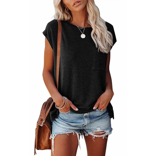 Dame Casual Cap Sleeve T-skjorter Basic Sommer Topper Løs Ensfarget Bluse med Lomme(L)