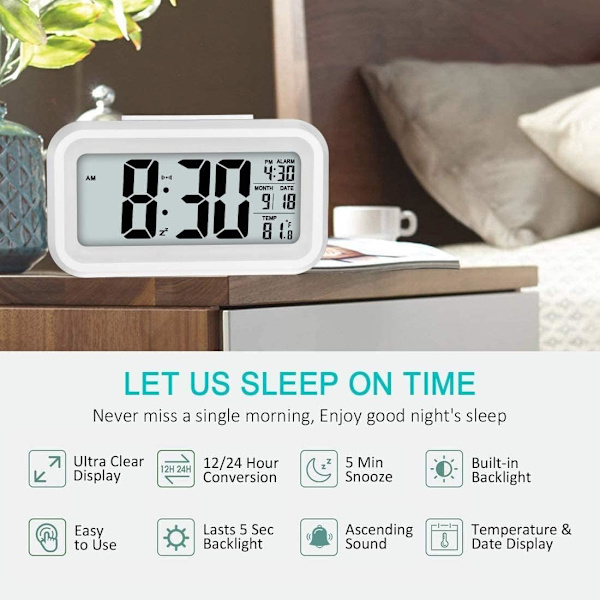 Digital väckarklocka, tyst batteridriven klocka för barn och vuxna med stor LED-display, temperatur, kalender, reseväckarklocka med nattlampa och snooze