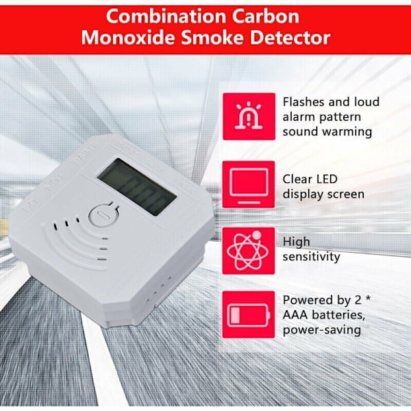 Gassdetektor kombinerad kolmonoxid rökdetektor Rök-smileydetektor med Flash LED-display skärm ljudlarm