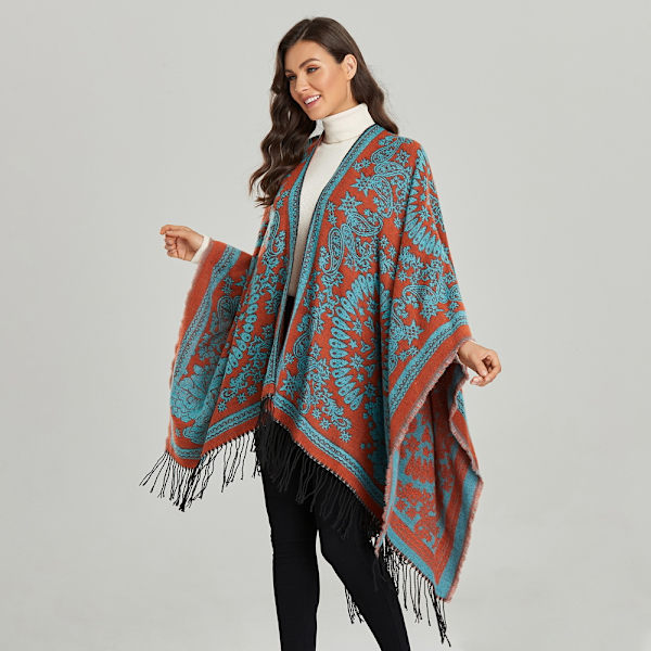 Frynser kant kashmir sjal wrap vinter varm etnisk stil kappe dame åpen front kappe