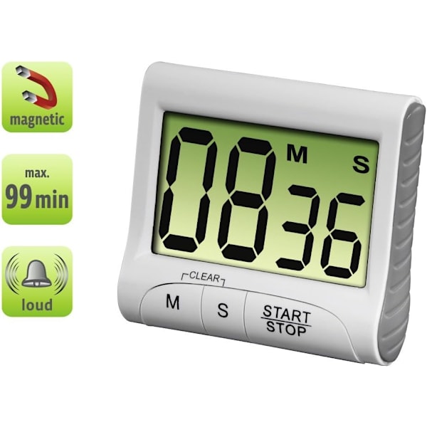 \"Nedtælling\" køkkenur (med timer- og stopurfunktion, fastgørelse via magnet, klemme, holder eller stativ, batteridrevet, digital)