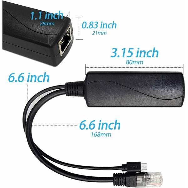 Gigabit Micro USB PoE Splitter Utmatning 5V 2.4A, IEEE 802.3af Standard 10/100 / 1000Mbps Power Over Ethernet Splitter Adapter för Säkerhets IP-kamera C
