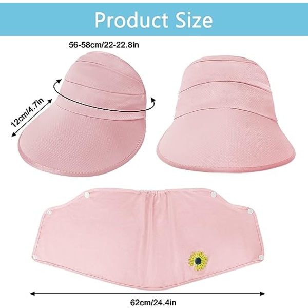 Dame bredbremmet solhatt solskjermhatt (rosa), med avtagbar nakkeklaffmaske, UV-bestandig sommer sammenleggbar hestehale baseballcaps, egnet for utendørs