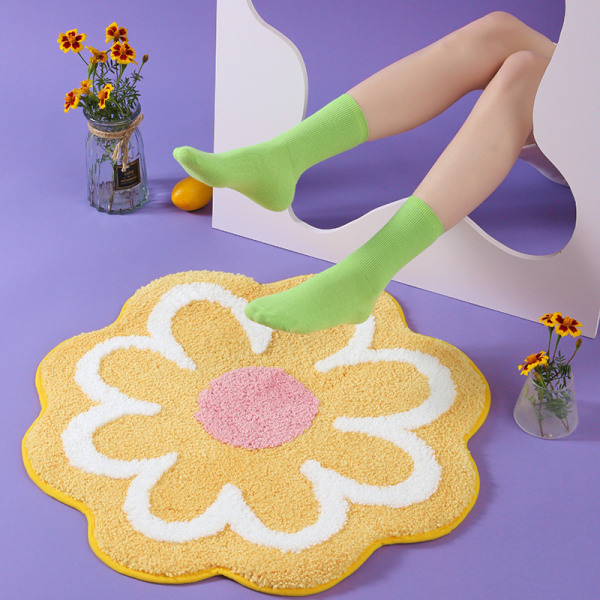 Skridsikker bademåtte til badeværelse, absorberende bademåtte, smukt blomsterformet badeværelsestæppe, blød tuftet brusebadsmåtte（60*60cm，gul）