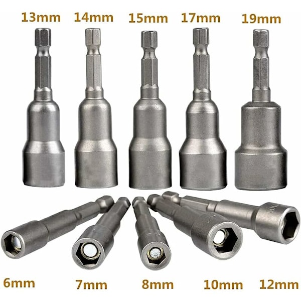 10 stk. Svette Skruebits 6-19mm - Fotadapter, sekskantet for skrutrekker med hånddrill, elektrisk skrutrekker, pipenøkkel (vanadiumkrom stål)