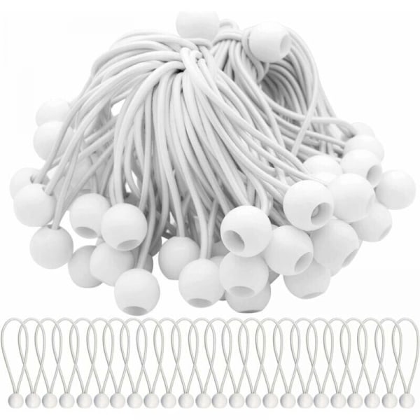 Pakke med 50 hvide elastiske spændere på 150 mm, elastisk snor med kugle, elastiske kugler til overdækninger, telte, bannere og presenninger