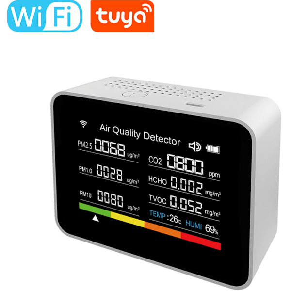 Intelligent luftkvalitetsmätare TUYA WIFI 13 i 1 CO2-detektor CO2/TVOC/HCHO/PM2.5/PM1.0/PM10/Temperatur/FUKTIGHET/TIMME/DATUM/LARM/TID/KRONOMETER