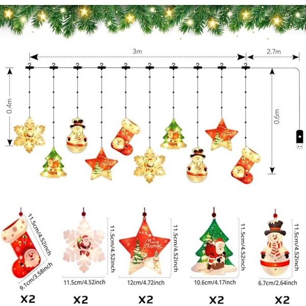 10 stk. Julevinduslys Innendørs, 3M 100 LED 3D Julelys, 8 Moduser USB Julevindusgardinlys, for Innendørs eller Utendørs Hjemmefest D