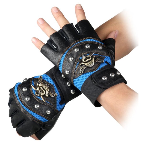 Steampunk Gothic Blue Gloves Herre retro rent læder Captain Fingerløse cykelhandsker