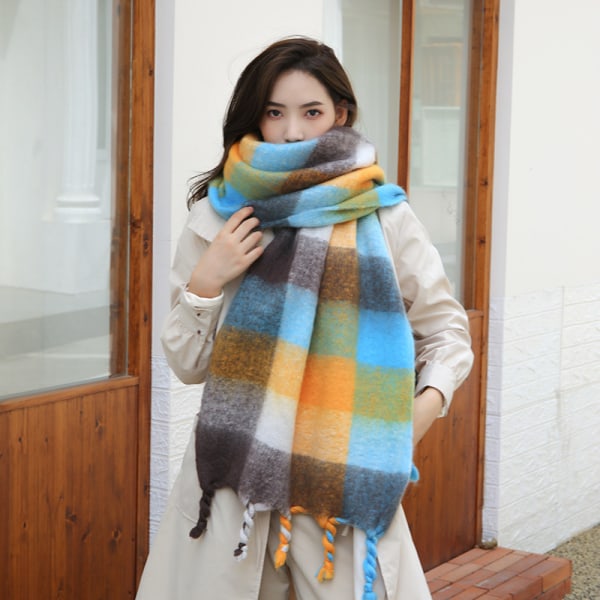 Scarf women winter thickening warm thick tassel hundred with 2022 new scarf men autumn and winter plaid scarf (Green)