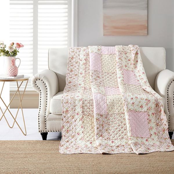 Överkast 150x200cm, mjukt och bekvämt för 1 person, rosa blommigt tryckt täcke, äkta lapptäcke, lämplig för alla årstider.