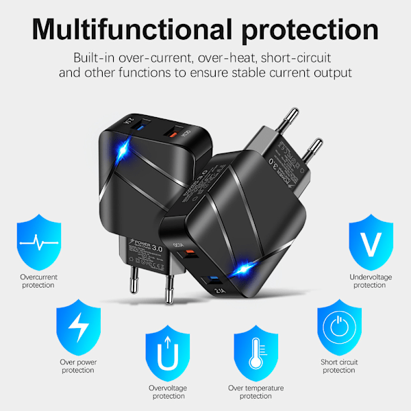 Dobbel USB QC3.0+2.1A Multi-port Rask Lading Mobiltelefonlader Dobbel Port Europeisk Standard