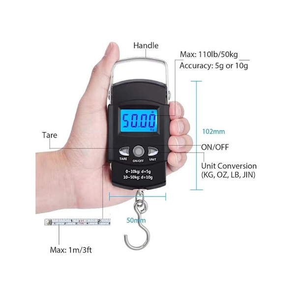 Fiskevåg elektronisk krok, digital elektronisk våg bakgrundsbelyst LCD-skärm 50 kg / 110 lb - brett rostfritt stålhandtag - 2 A