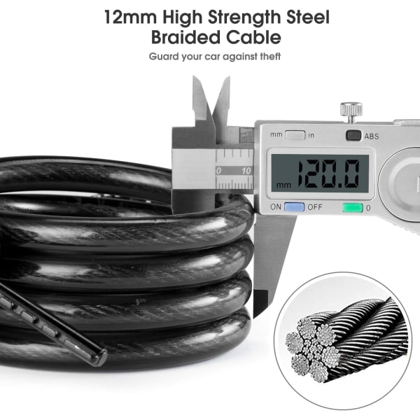 Cykellås, Lang 120cm x 12mm, Kabel Lås til Cykel Scooter Motorcykler Cykelport med 5-cifret Smart Kode (Sort)