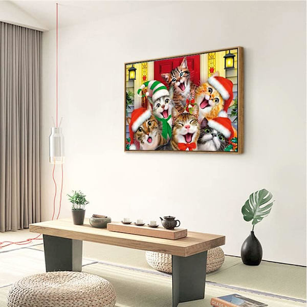 Timanttimaalauspakkaukset aikuisille, joulukissojen timanttitaide 5D DIY täysporainen pyöreä timantti joululahja lapsille kotiseinän koristeluun 12x17 tuumaa