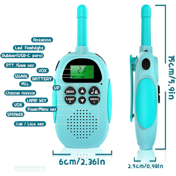 Lasten USB-ladattavat walkie-talkie-laitteet, joissa on 16 kanavaa, 2-suuntainen radio ja lelu-taskulamppu, 3-12-vuotiaille, VOX 3 mailin walkie-talkie ulkoiluseikkailuihin -