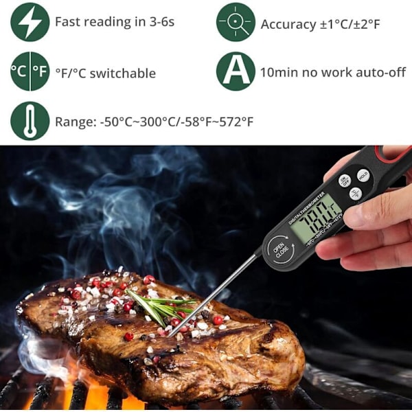 Vikbar digital kökstermometer köttermometer med stor LCD-skärm och vikbar sond för grillning bif kött stek vin-b