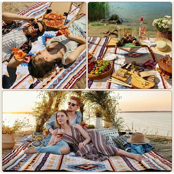 Piknikteppe Vanntett, 200x200CM Ekstra Stort Strandteppe Utendørs Piknikmatte, Strandmatte med Bærehåndtak Sandtett Varmebestandig for Camping, T