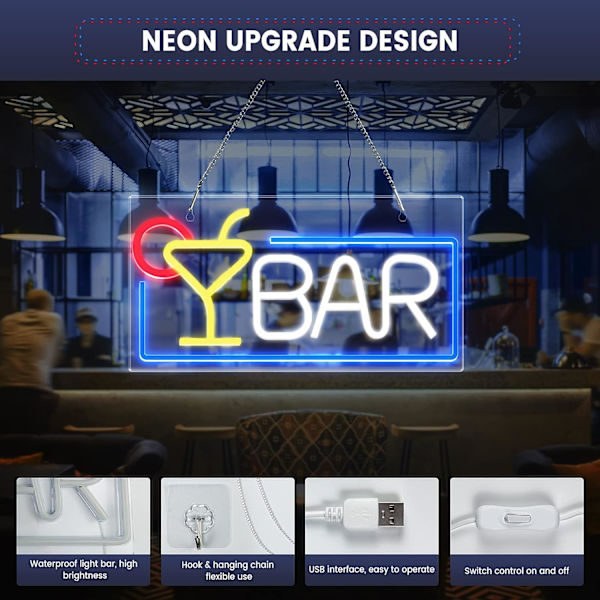 Neon LED Deko, BAR Lysskilt (Blå og Hvid), 42×22×2CM Neon Lysskilt Bar LED Skilt med USB Stik til Bar, Ingen kædeforsendelse Husbar, Klub, Pub, Stor