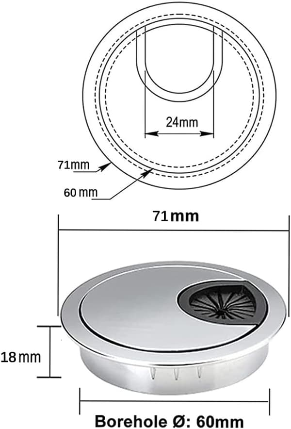 60mm Skrivbordsgenomföring, Kabelhål, Kabelgenomföringsskydd, Datorplast