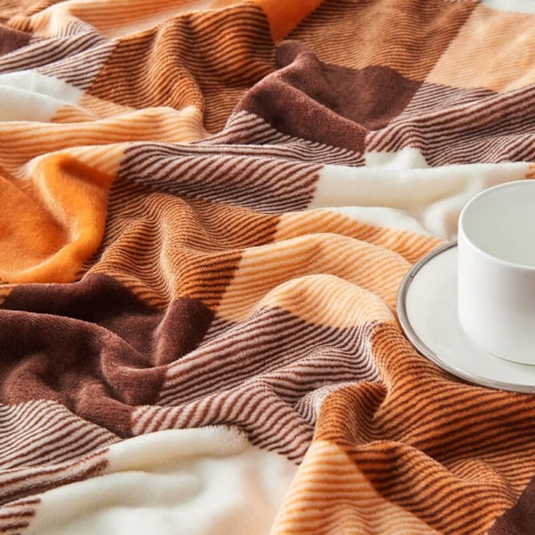 Polar plaid tæppe til seng eller sofa i fleece, tæppe i ternet flannel til alle årstider 150 x 200 cm, orange
