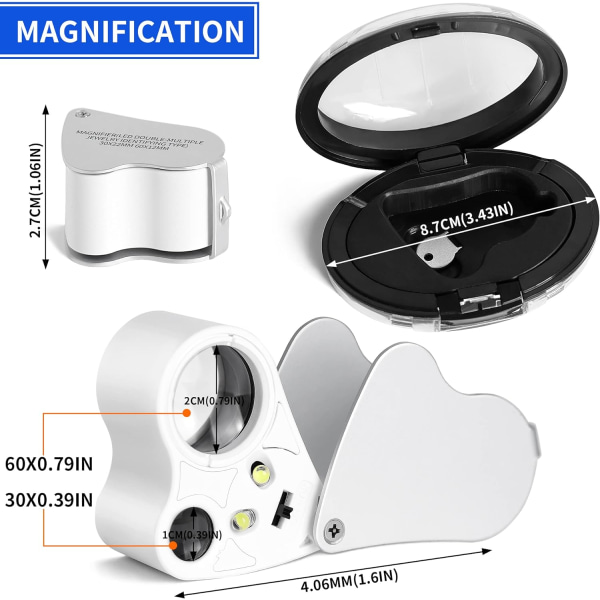 30X 60X Illuminated Mini Magnifier - White Alloy Portable Magnifier Eye Magnifier with LED Light