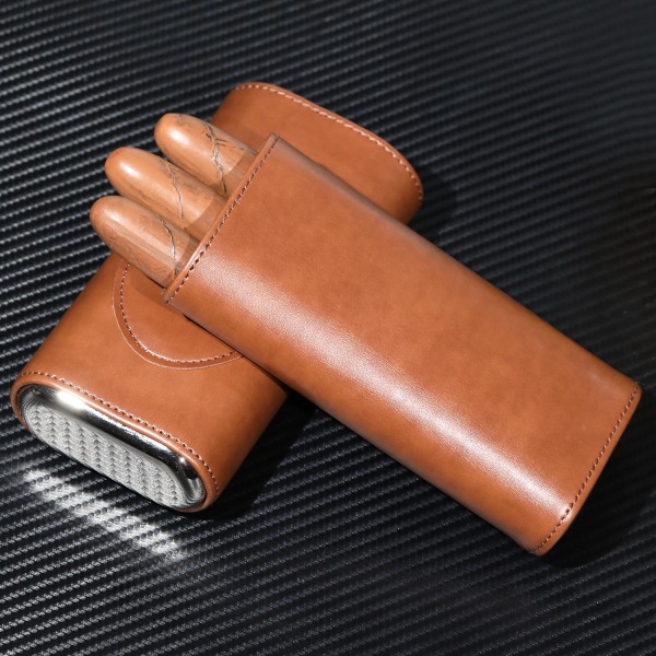 Humidor Cigar 3 Finger Bæretaske Sæt Cederforet læder, Cigar Humidor med sølvbestik i rustfrit stål (brun)