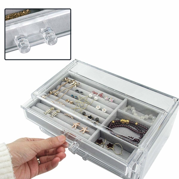 Smyckeshållare - Akrylsmyckeskrin 3 lådor, smyckesorganisatör i sammet, örhänge ring halsband armband displaylåda present till kvinnor, flickor