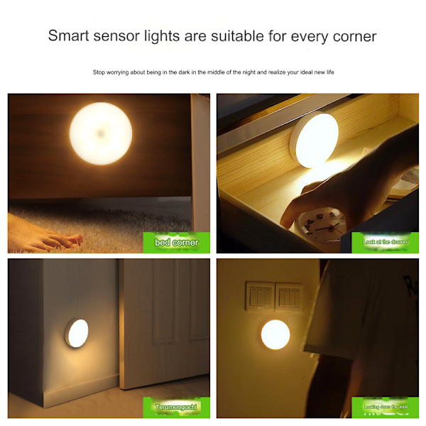 LED-rörelsesensor nattlampa inomhus, uppladdningsbar batteridriven automatisk rörelsesensor smart detektor vägg- och tak trådlös lampa (vitt ljus)