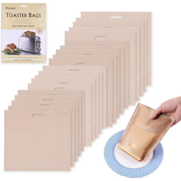 20 stk. genanvendelige, non-stick, vaskbare Teflon toastposer i 4 størrelser til toast, sandwich, snack, mikrobølgeovn