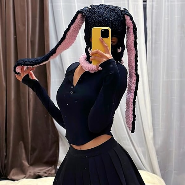 Strikkede kanin balaclava kaninører hæklet ansigts skimaske vinter varm sweater hue fluffy hættede tørklæde hat kvinder