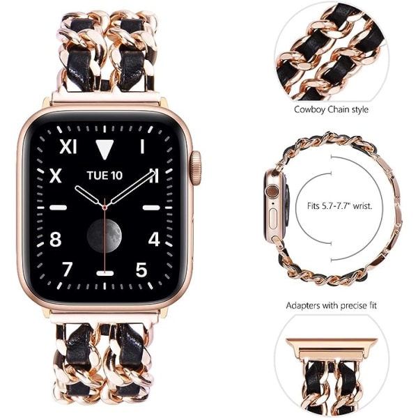 Roséguld sort læder guld kæde, dame dobbelt række metalrem kompatibel med Apple Watch 42mm 44mm 45mm rem, iWatch serie 8/7/6/5/4/3/2/1/S