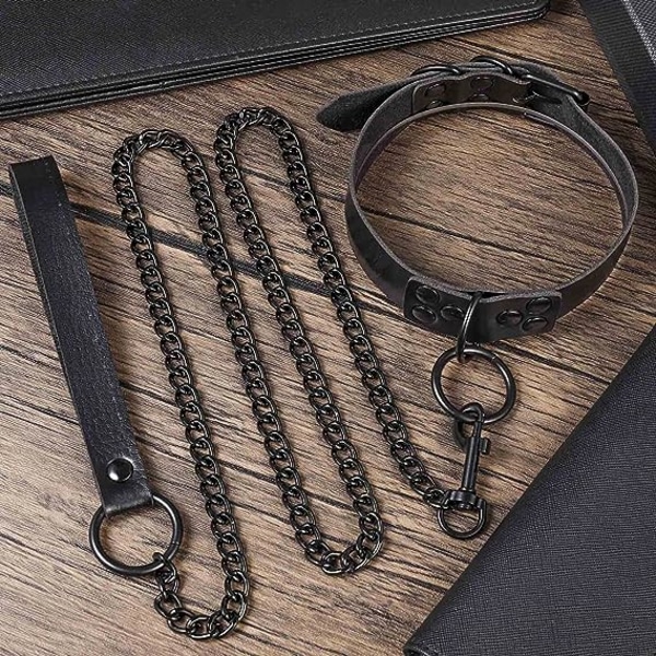 Sort PU læder punk choker+træktov, sexet gotisk choker bælte med læder, justerbar sort krave, med trækkæde