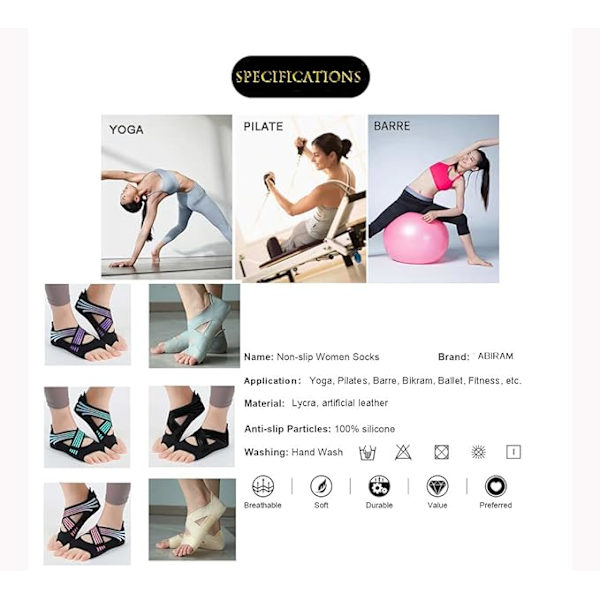 Yogasokker tåfri med skridsikre greb og stropper til Pilates, Barre, Ballet, Bikram Bike, Kvindernes træning, L