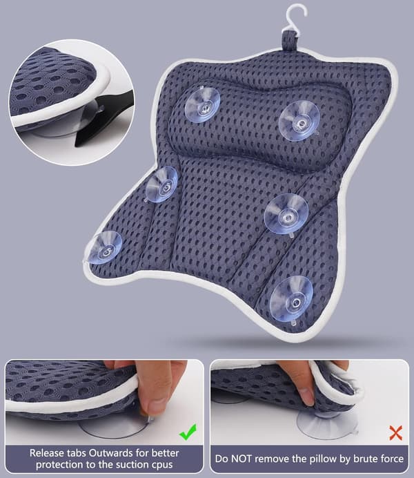 Badekarpude (40*40*7cm), Badekarpude Ergonomisk 4D Air Mesh Teknologi og 6 Sugeskopper Hovedstøttefunktion Blå, Velegnet til Badekar, Boblebade