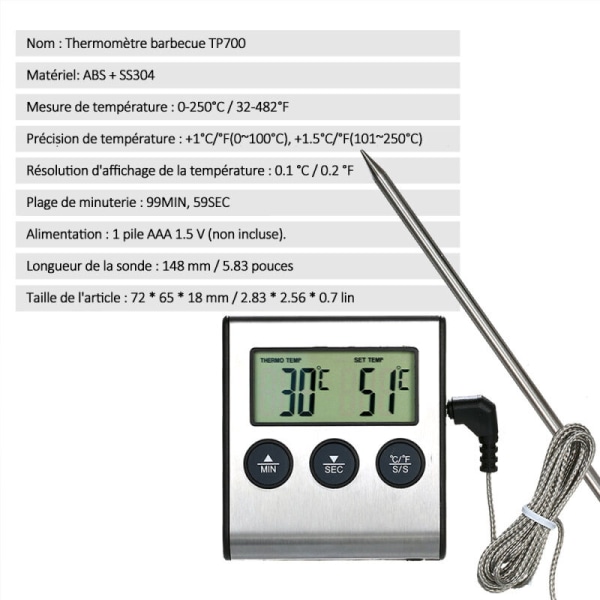 0~250°C ruoanlaittolämpömittari hälytysaikatoiminnolla, ruoan lämpömittari keittiön grilliin