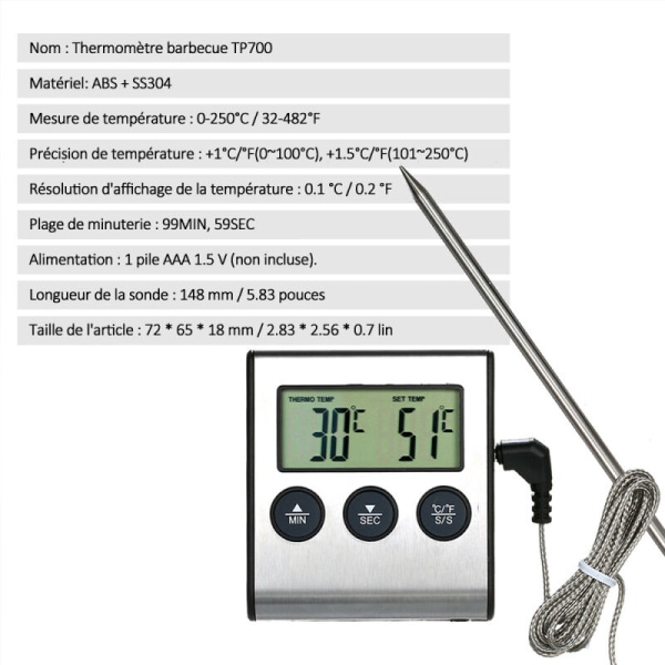 Matlagnings termometer med larmtimerfunktion, 0~250°C, mattemperaturmätare för kök BBQ