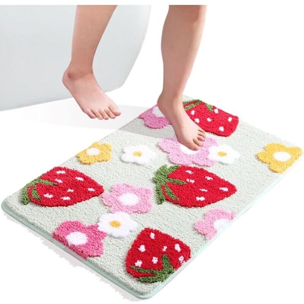 (Grön, 45x65cm) Halkfri Badrumsmatta Tvättbar Flockad Jordgubbs Duschmatta för Badrumsinredning Hemma