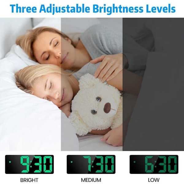 Digital väckarklocka, stor LED-display, spegelyta med snooze-funktion och USB-laddningsanslutning, justerbar ljusstyrka, väckarklocka för