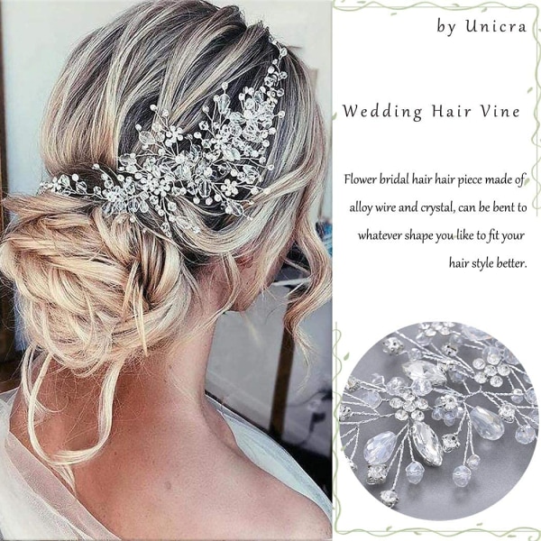 Bridal Flower Wedding Hair Vine Crystal Bridal Hair Piece Rhinestone Party Hair Accessories Leaf Jewelry Beads Tiara for Women and Girls (Silver)