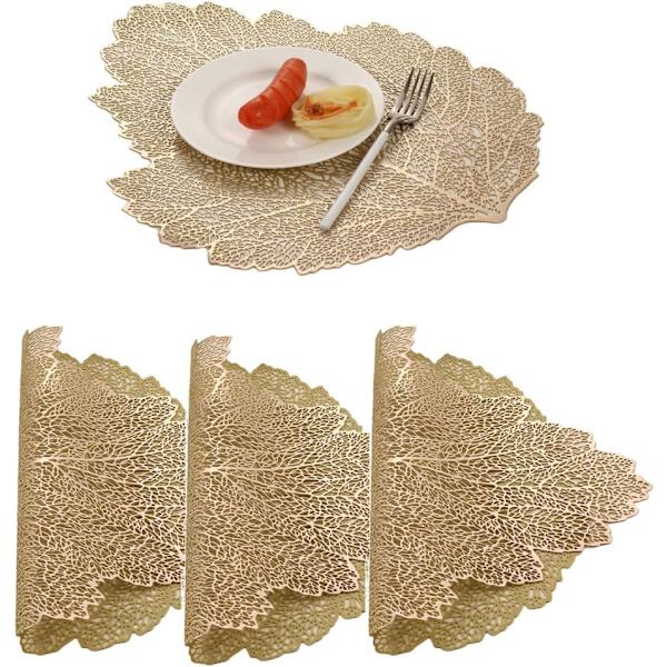 Bladformade underlägg set om 4, bordsdukar set tvättbara PVC halkfria värmebeständiga bordstabletter middagsdukar blad ihåliga dekorativa underlägg för